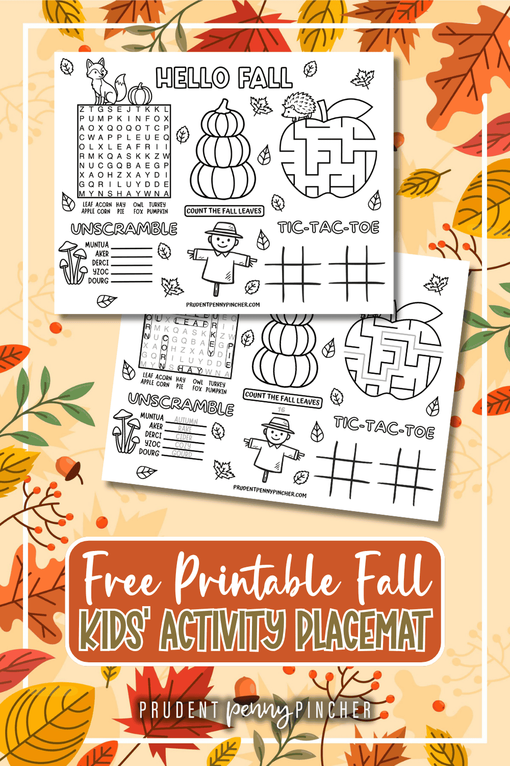 free printable fall activity placemat for kids on an autumn leaves background.