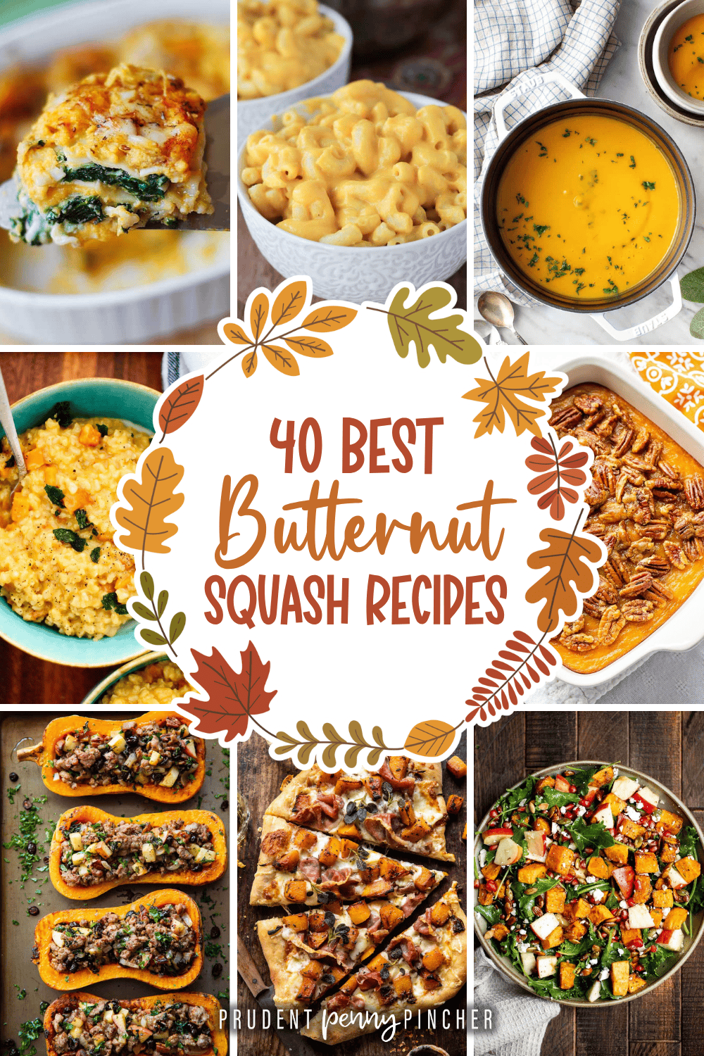 A collage of butternut squash recipes, including lasagna, mac and cheese, soup, risotto, casserole, stuffed squash, pizza, and salad.