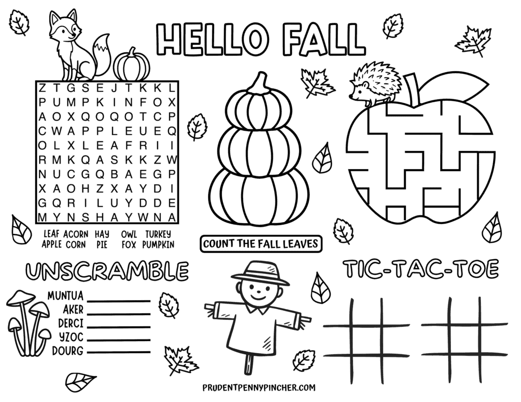 a fall activity placemat for kids with a word search, word scramble, apple maze, tic-tac-toe boards, counting activity, pumpkins, leaves, a fox, scarecrow, and hedgehog
