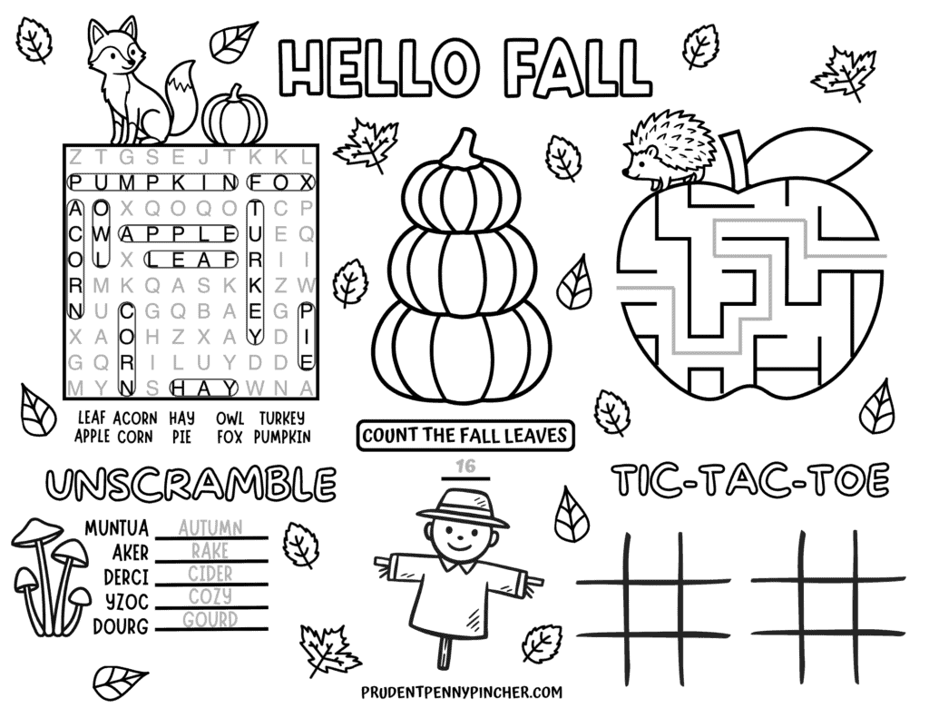 answer key showing completed word search, word scramble, apple maze, and fall leaf counting activity for kids