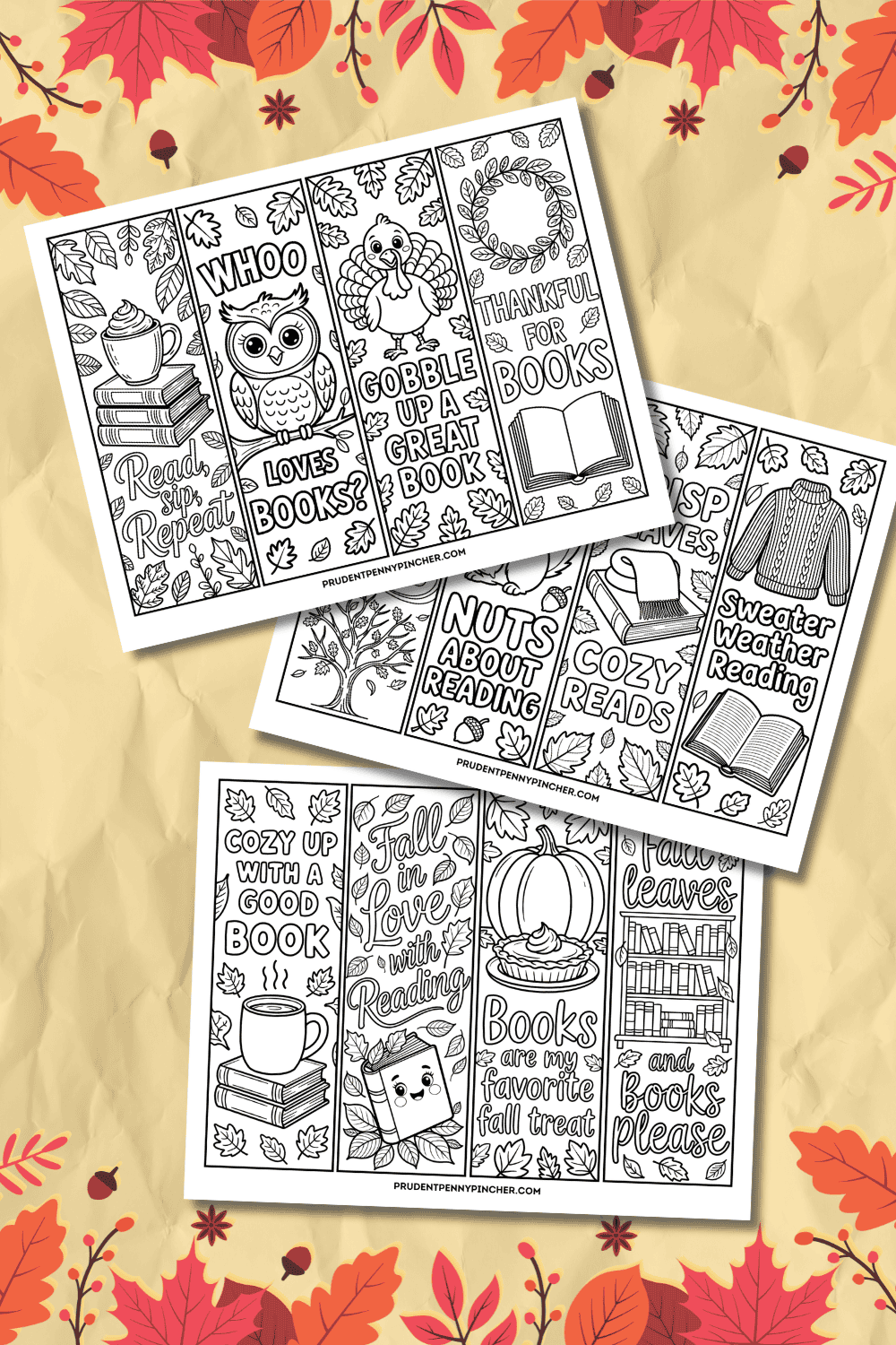 cute autumn coloring designs on an orange paper background with an autumn leaf border