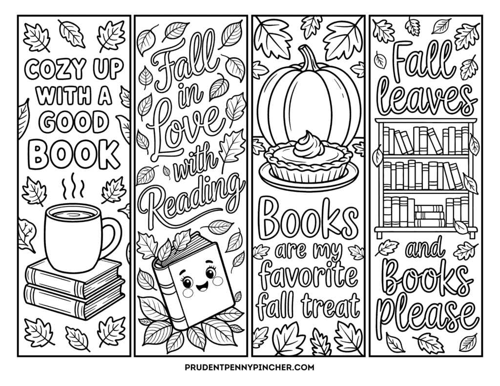 bookmarks to color with cozy autumn reading designs, including a mug on books, a smiling book, pumpkin pie, a bookshelf, and fall leaves.