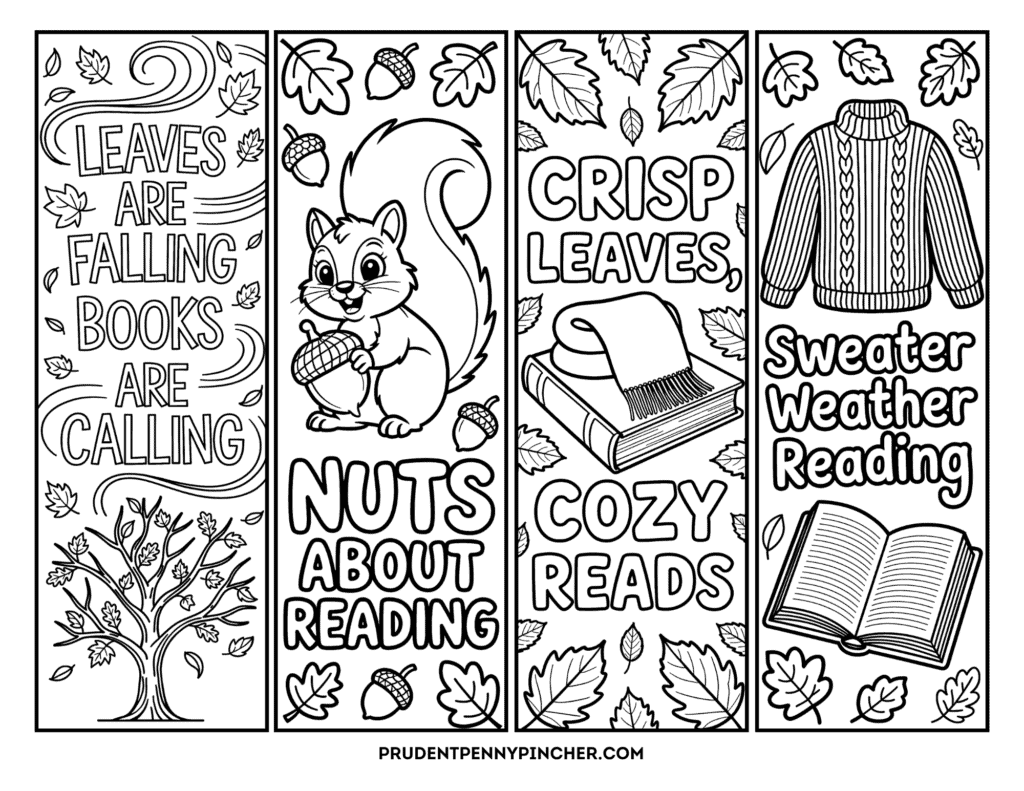 bookmarks for kids with autumn designs, including falling leaves, a squirrel with an acorn, cozy reads, a sweater, books, and seasonal reading phrases.