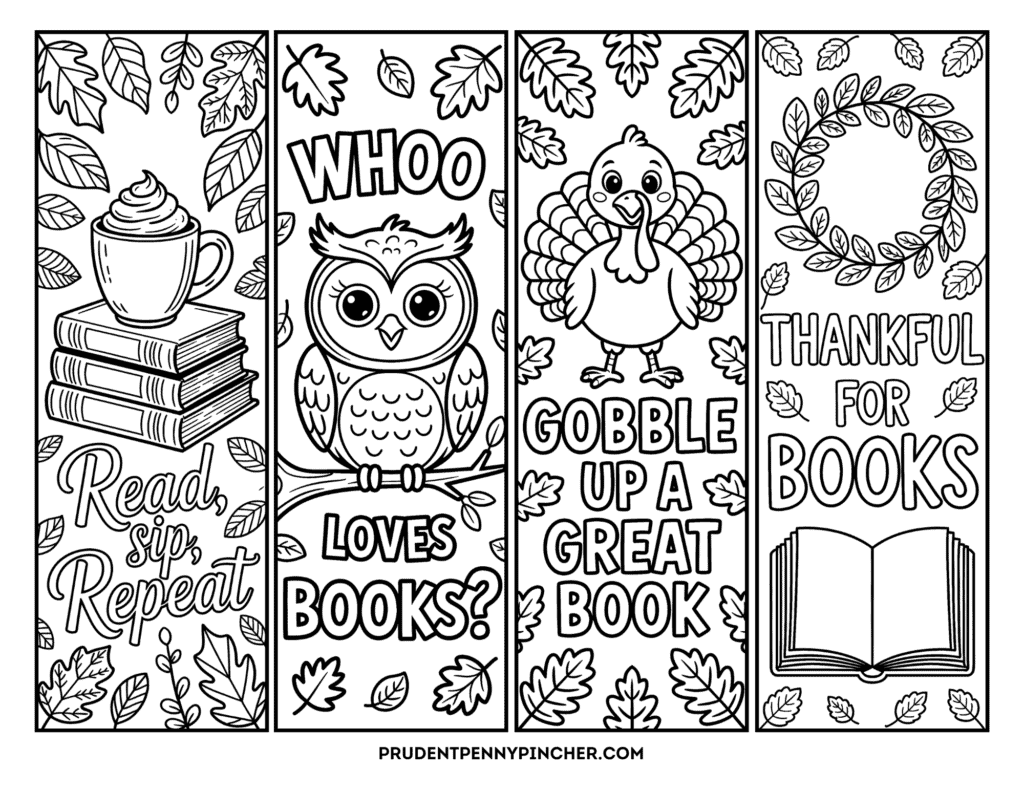 Free printable autumn bookmarks to color featuring a hot cocoa, an owl, a turkey, an open book, fall leaves, and cute reading phrases for kids.
