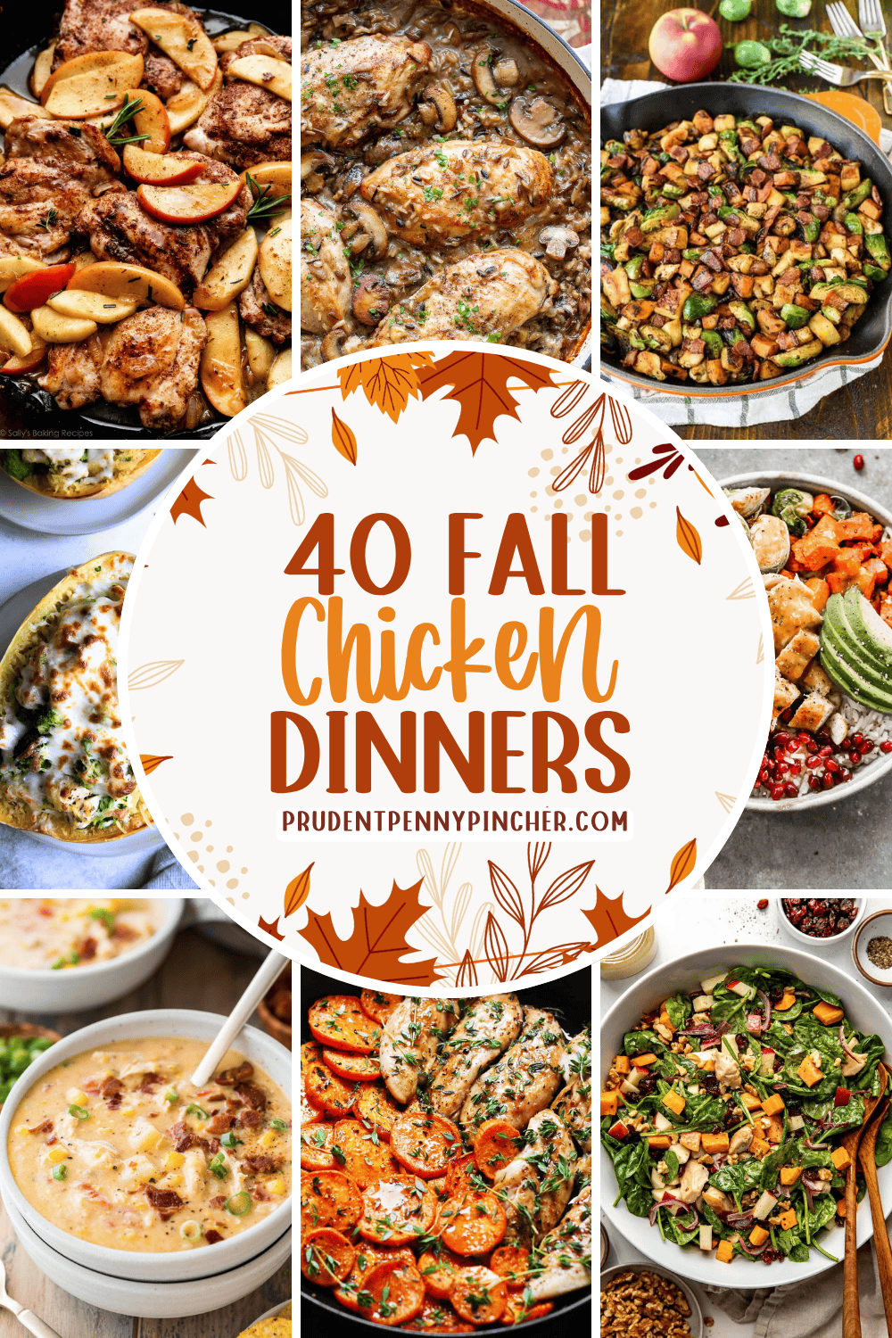 A collage of cozy fall chicken recipes for dinner, including apple cider chicken, chicken and wild rice, harvest chicken skillet, stuffed spaghetti squash, creamy chicken soup, and chicken salad.