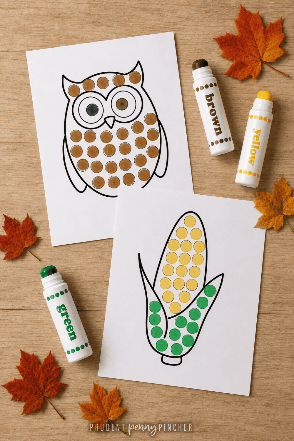 fall dot marker worksheets featuring an owl and corn cob with colorful dot markers and autumn leaves
