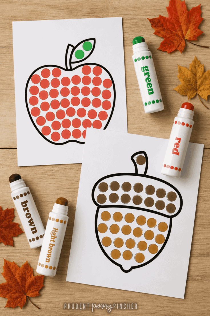 apple and acorn worksheet, dot markers, and autumn leaves on a wood table
