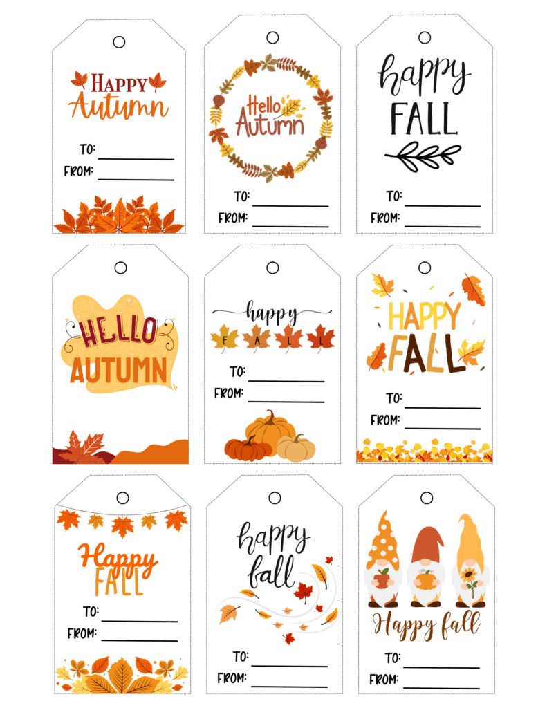 fall gift tags featuring Happy Autumn, Hello Autumn, Happy Fall, pumpkins, leaves, and fall gnomes.