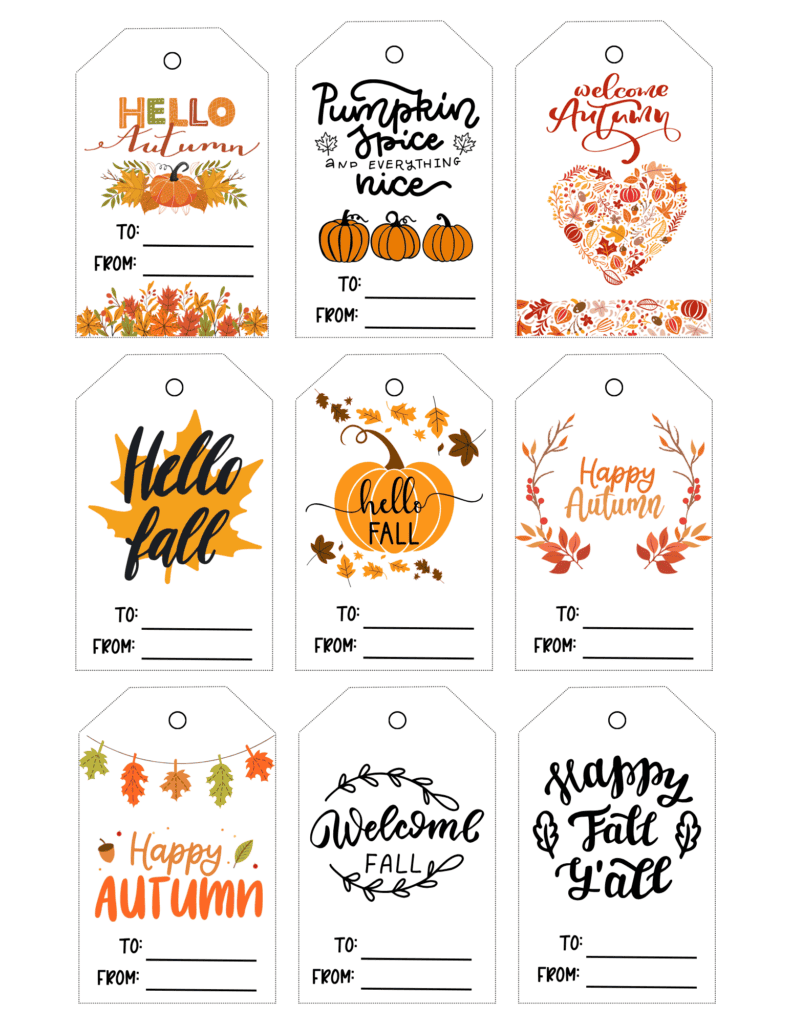 gift tags featuring pumpkins, fall leaves, wreaths, and seasonal sayings such as Hello Fall and Welcome Autumn.