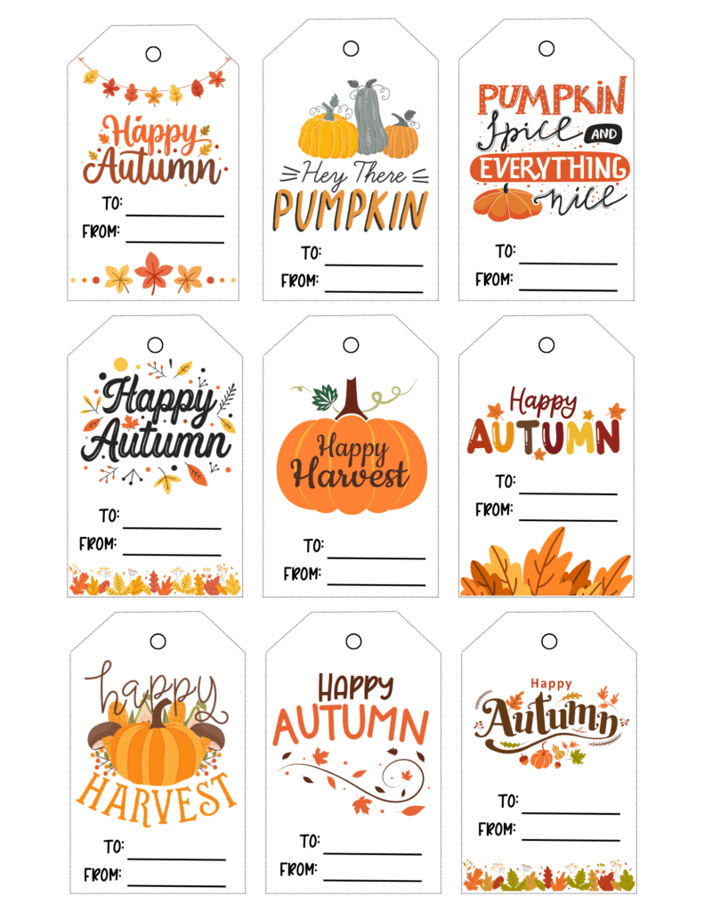 gift tags with pumpkin spice, harvest, autumn leaf, and pumpkin designs in warm seasonal colors.