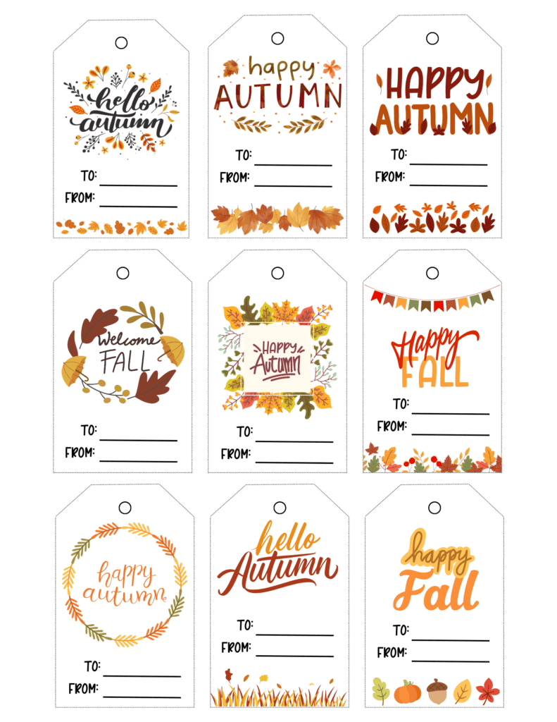 autumn gift tags featuring leafy wreaths, colorful foliage, pumpkins, acorns, and cheerful seasonal greetings.
