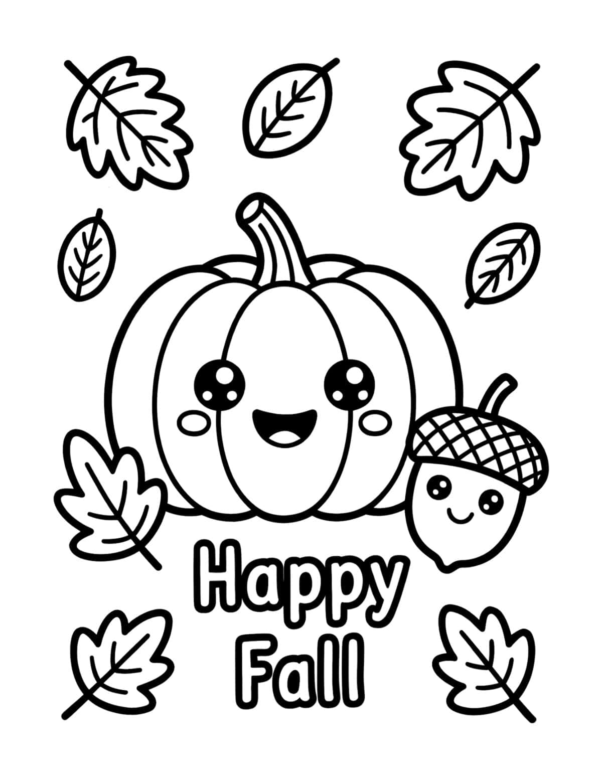 Cute pumpkin and acorn surrounded by falling leaves.