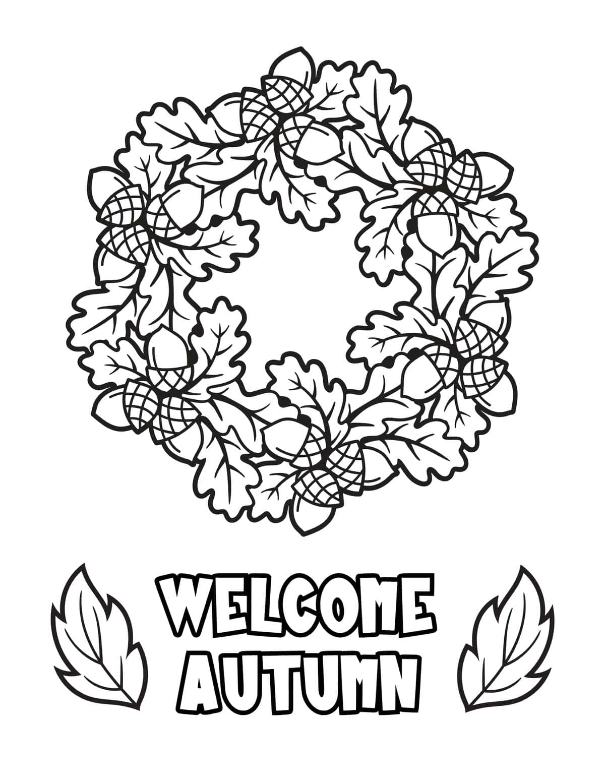 Welcome fall coloring page with an oak leaf and acorn wreath.