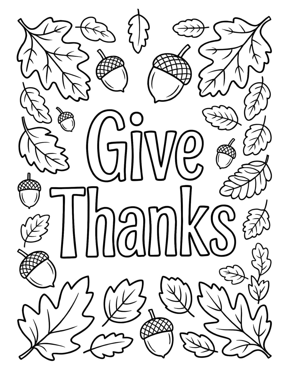 Give Thanks coloring page framed by fall leaves and acorns.
