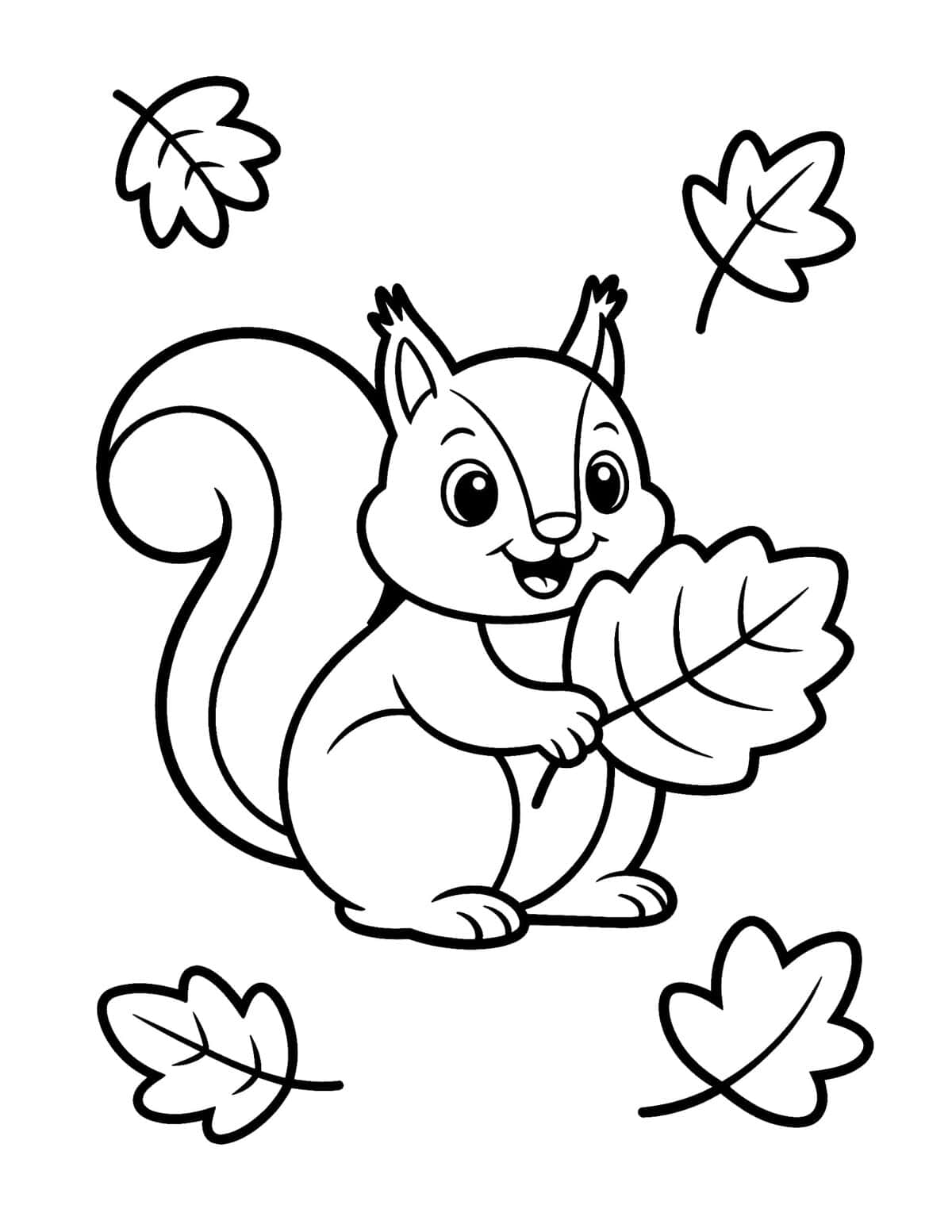 Cute squirrel holding a large fall leaf.