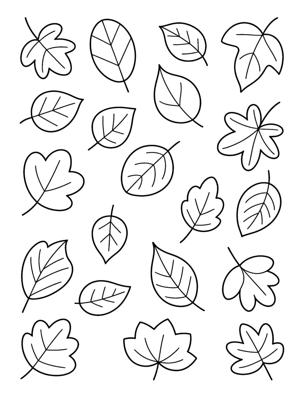Simple fall coloring page of maple, oak, oval, and heart-shaped leaves.