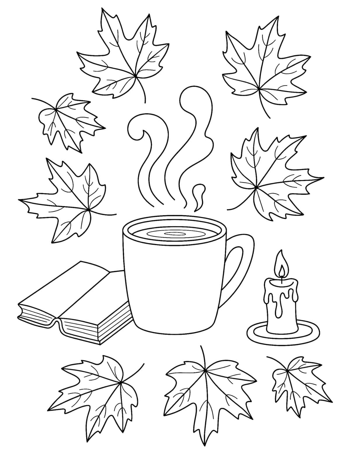 Cozy fall scene coloring page with a steaming mug, book, candle, and maple leaves