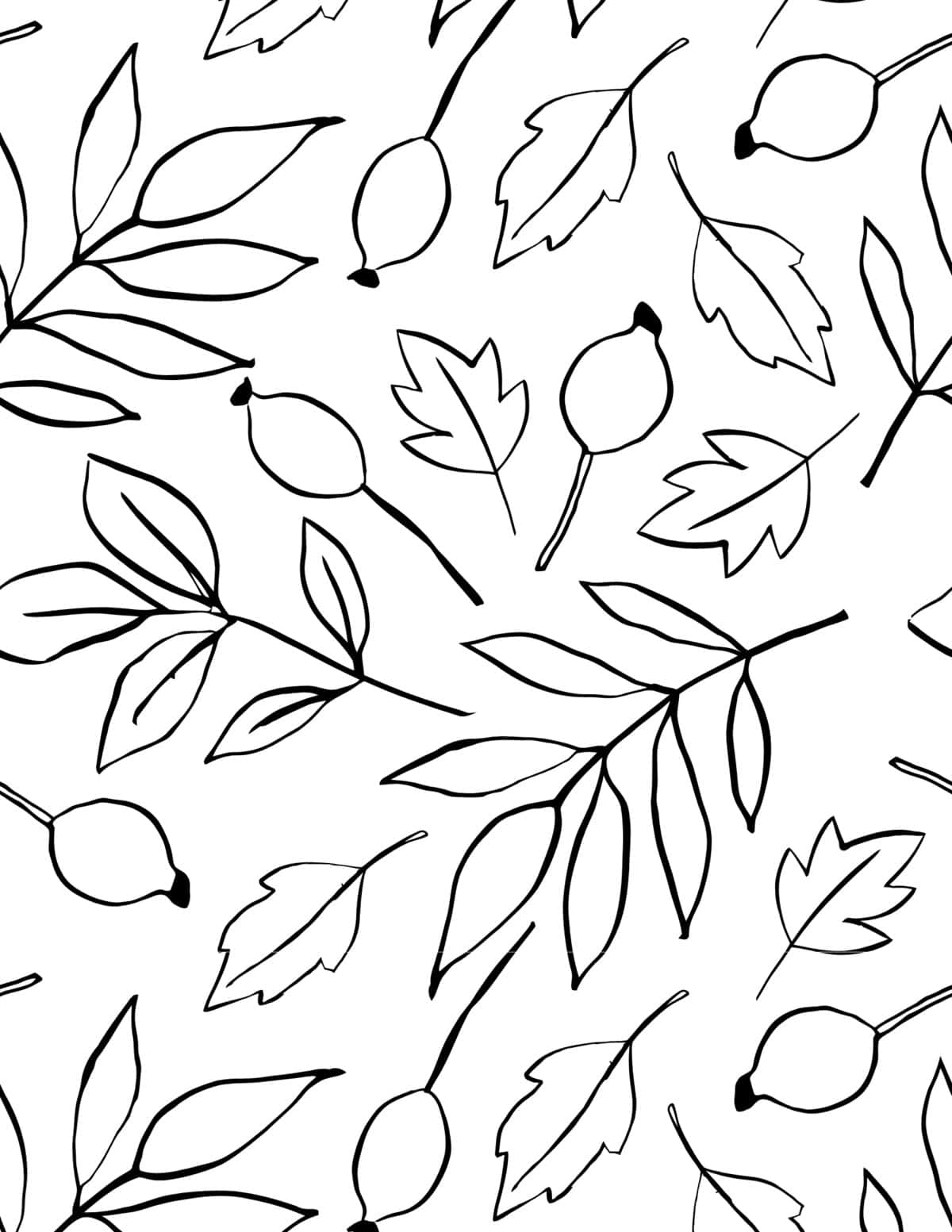 Fall leaf pattern featuring branches, leaves, and rose hips.