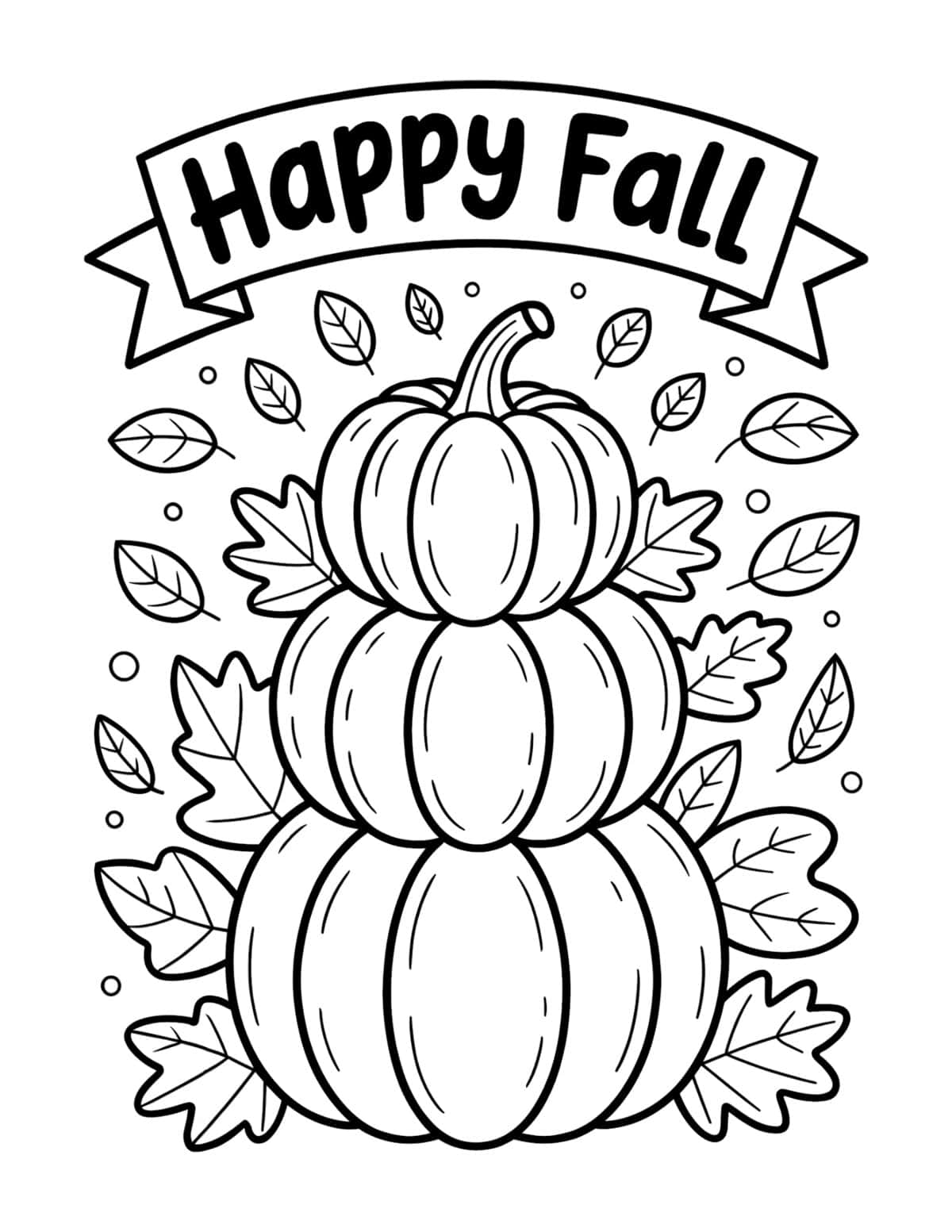 Happy Fall coloring page with three stacked pumpkins and autumn leaves