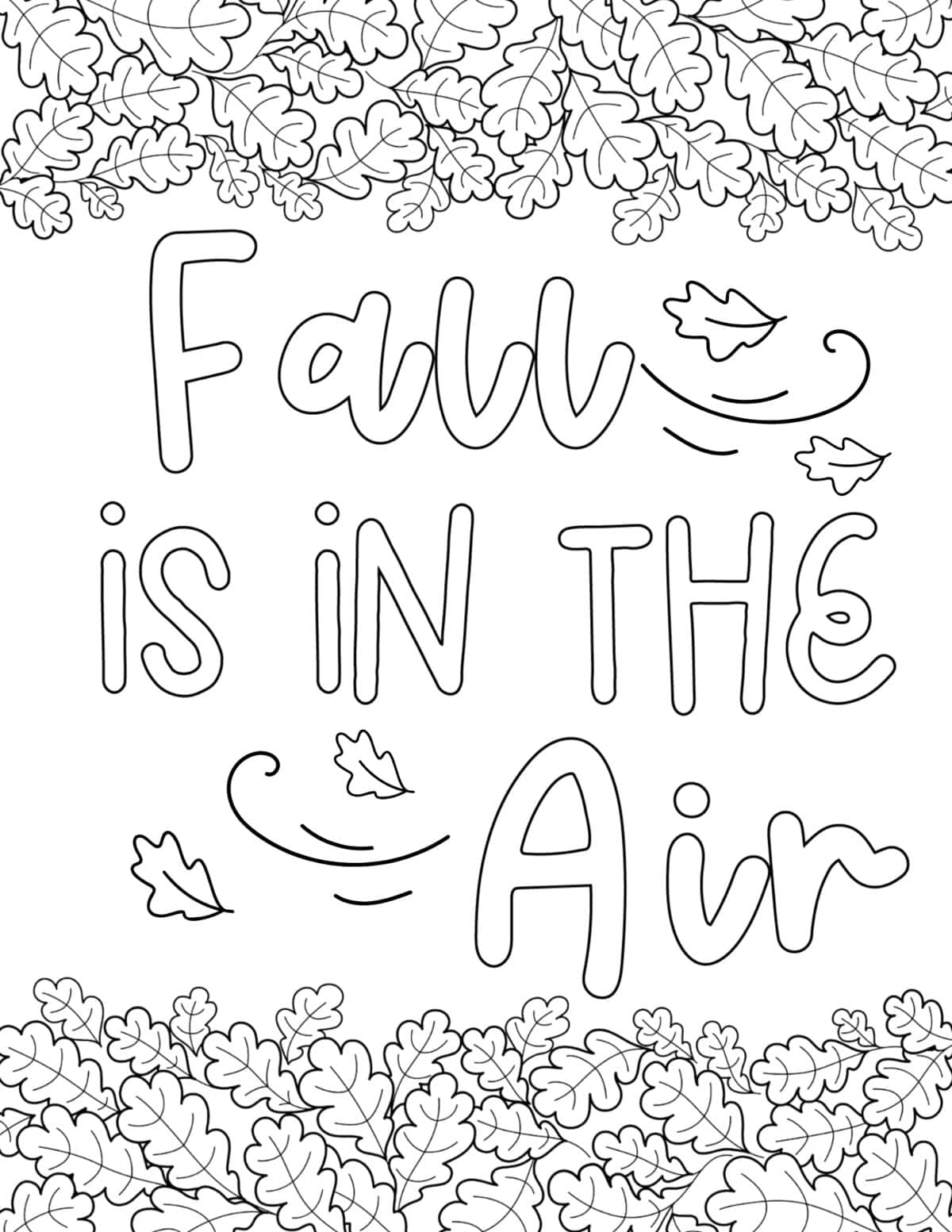 Fall Is in the Air coloring page framed by oak leaves and windy swirls.