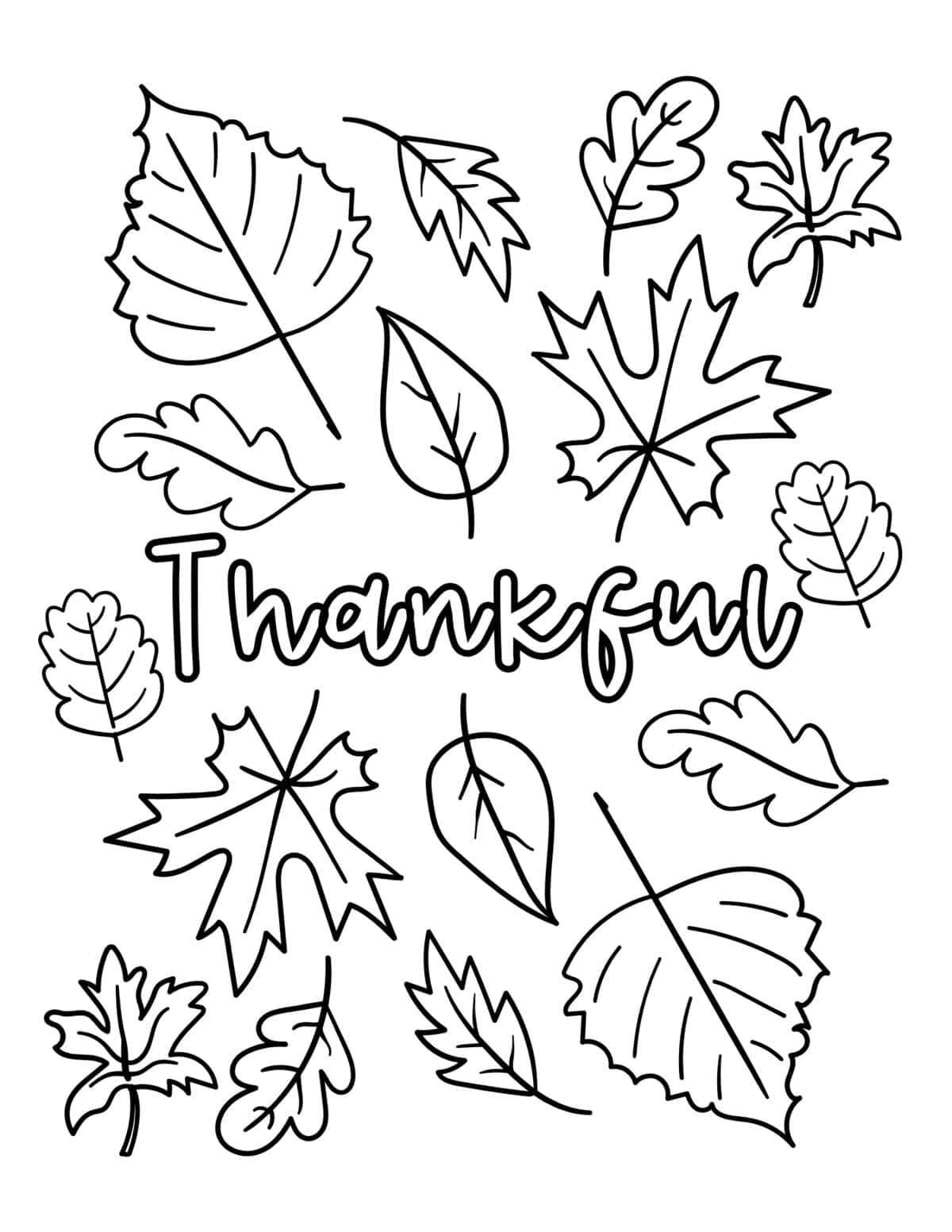 Thankful coloring page surrounded by maple, oak, and birch leaves.