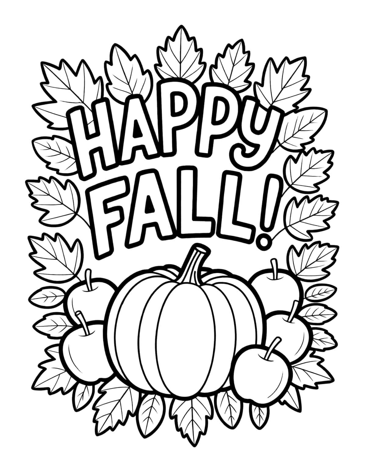 Happy Fall coloring page with a large pumpkin, apples, and leafy border.