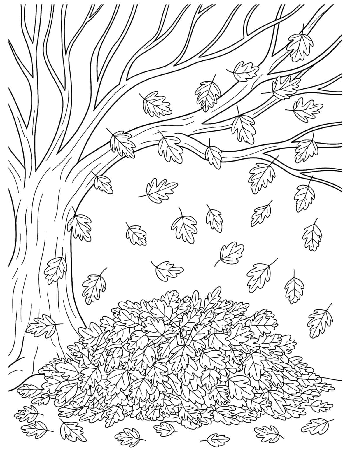 Large autumn tree with falling leaves