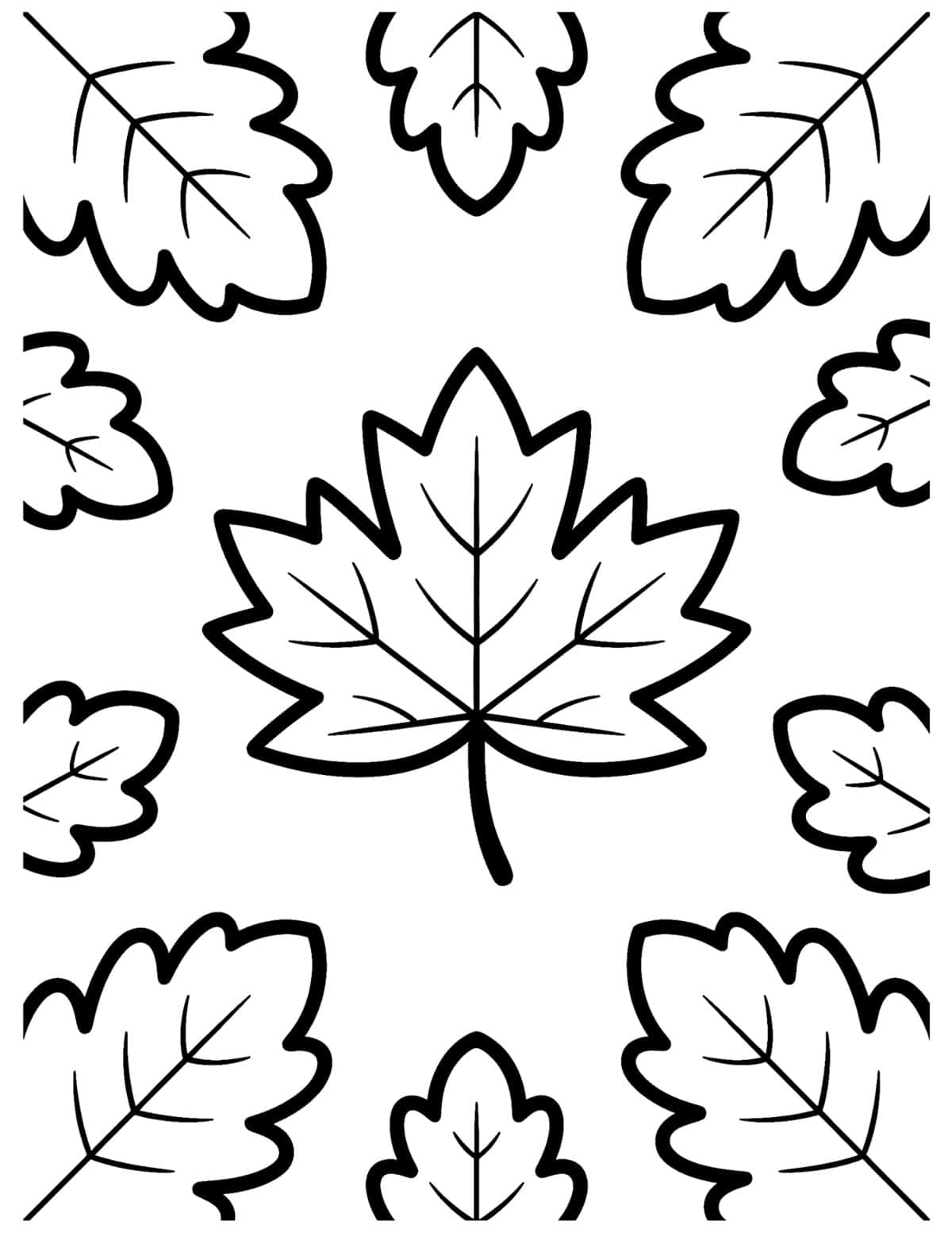 Large maple leaf coloring page framed by oversized fall leaves.