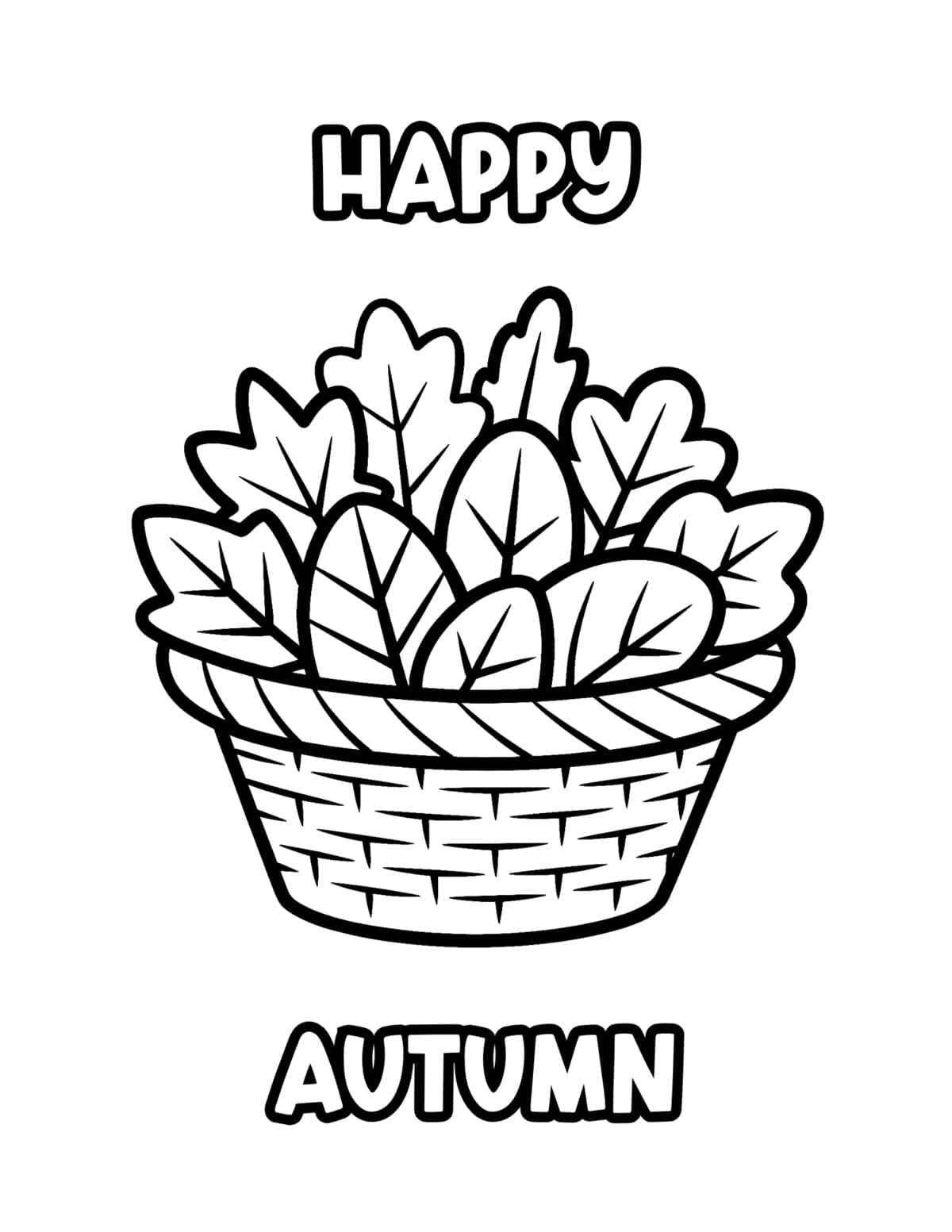 Happy Autumn coloring page with a basket overflowing with fall leaves.