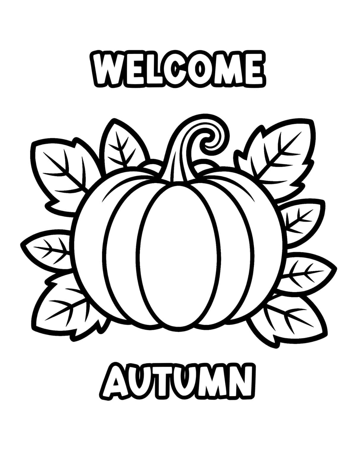 Welcome Autumn coloring page with a large pumpkin