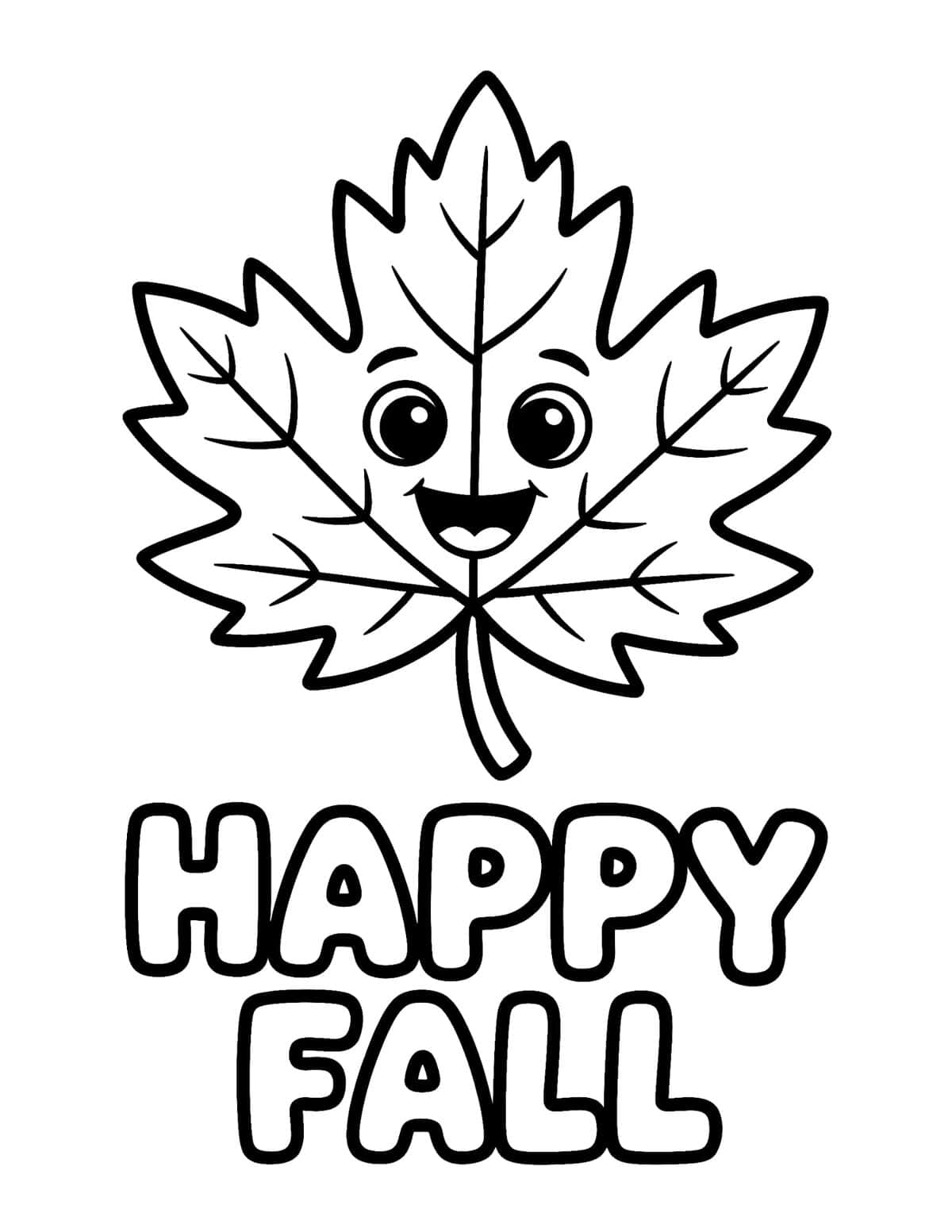 maple leaf coloring page with bold Happy Fall lettering