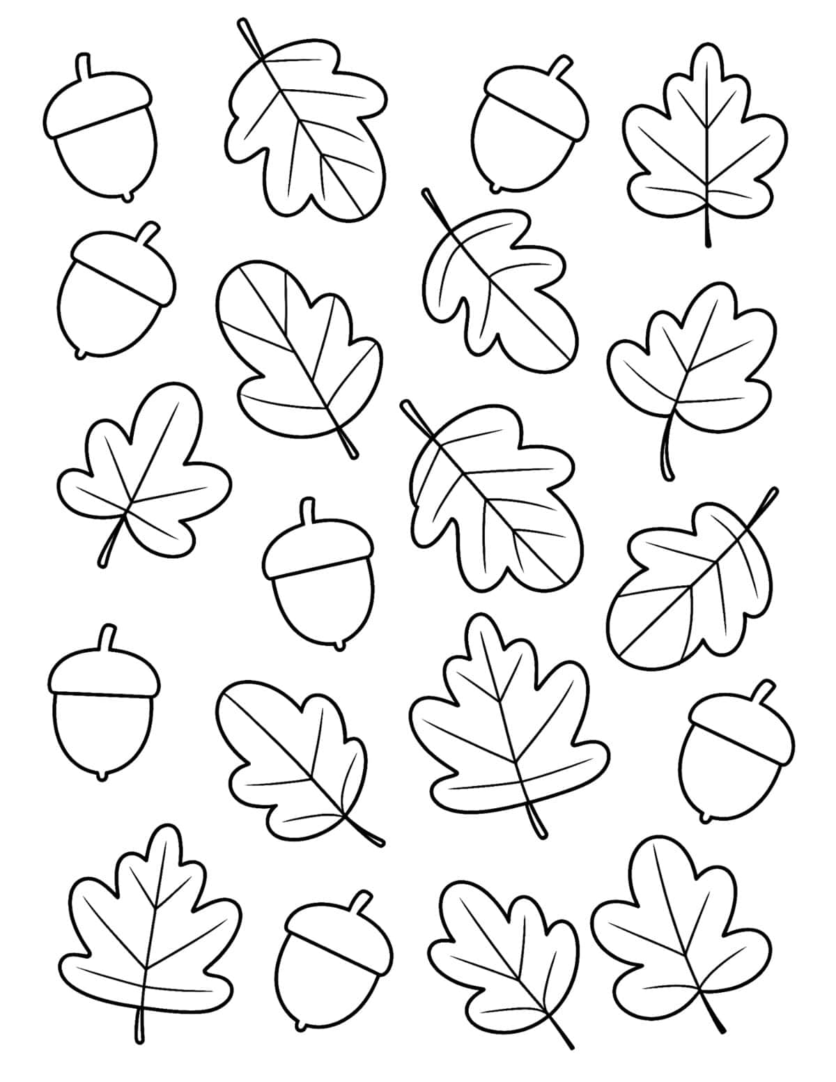 Repeating pattern of fall leaves and acorns for kids to color.