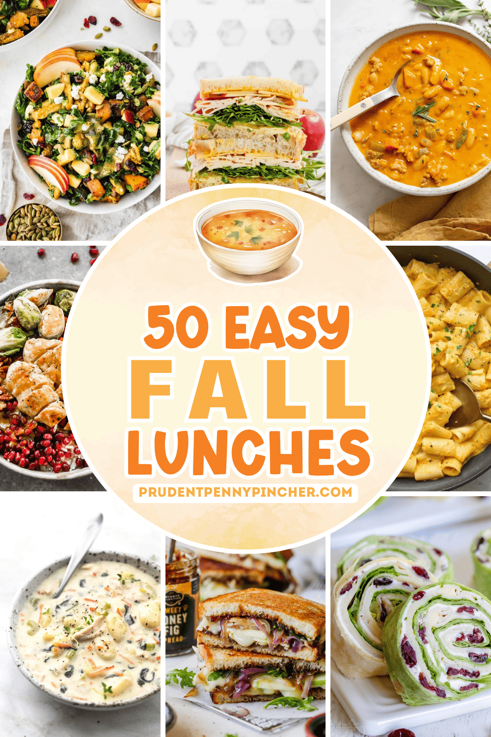 A collage of easy fall lunch ideas, including harvest salad, turkey sandwiches, pumpkin chili, creamy pasta, chicken soup, grilled cheese, and cranberry turkey pinwheels.