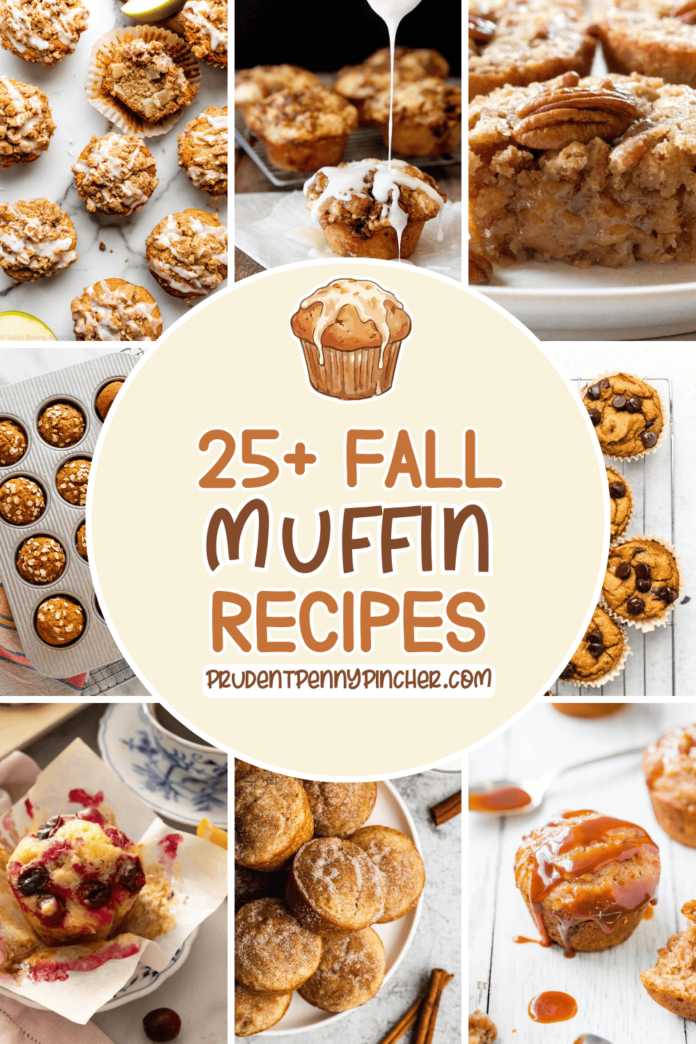 A collage of fall muffin recipes featuring apple, pumpkin, cranberry, cinnamon, pecan, chocolate chip, and caramel muffins.