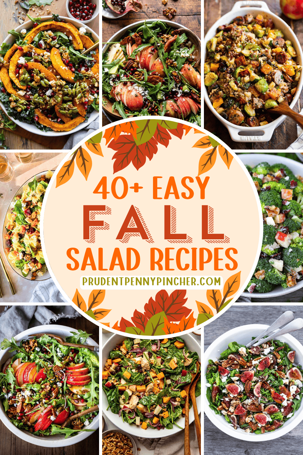 A collage of colorful fall salad recipes with apples, figs, pomegranate, roasted squash, Brussels sprouts, broccoli, leafy greens, nuts, and cheese