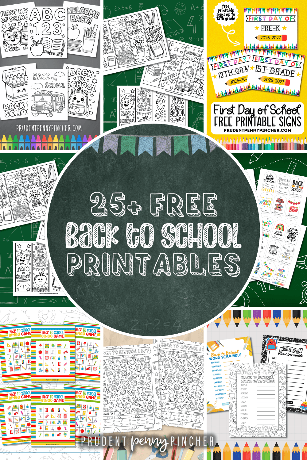 a collage of free back to school printables including coloring pages, bookmarks, first day of school signs, bingo cards, an I Spy worksheet, and a word scramble.