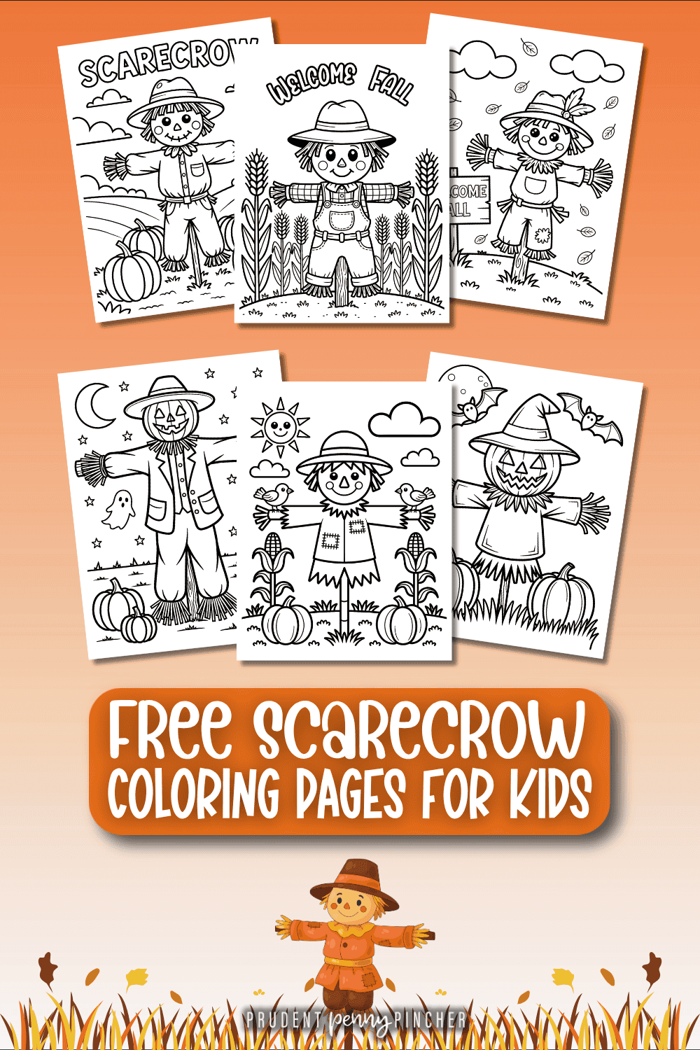 free scarecrow coloring pages for kids featuring fall scarecrows, pumpkins, corn stalks, Halloween bats, and autumn leaves with a printable fall coloring pages title text overlay