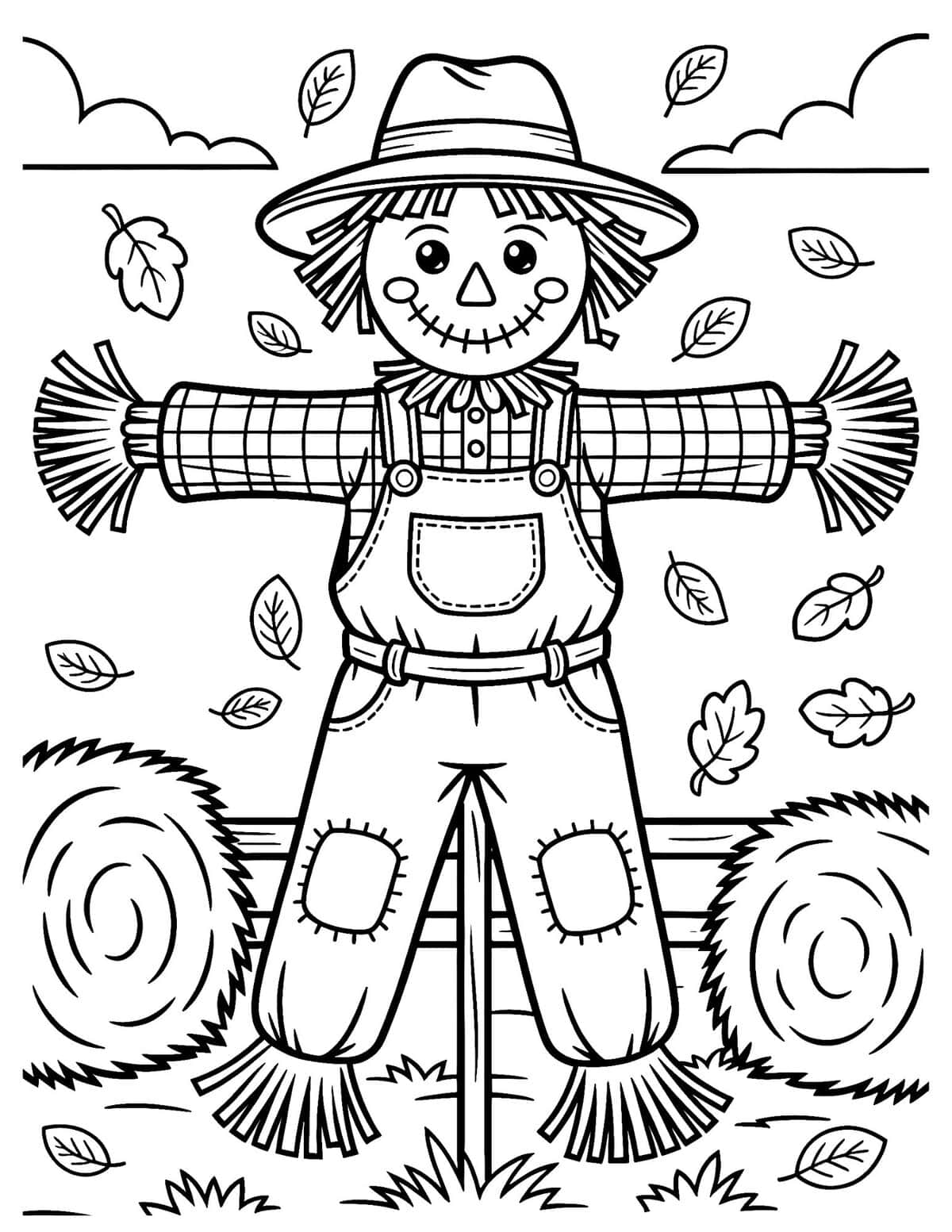 detailed scarecrow has patchy overalls, falling leaves, and hay bales on both sides.