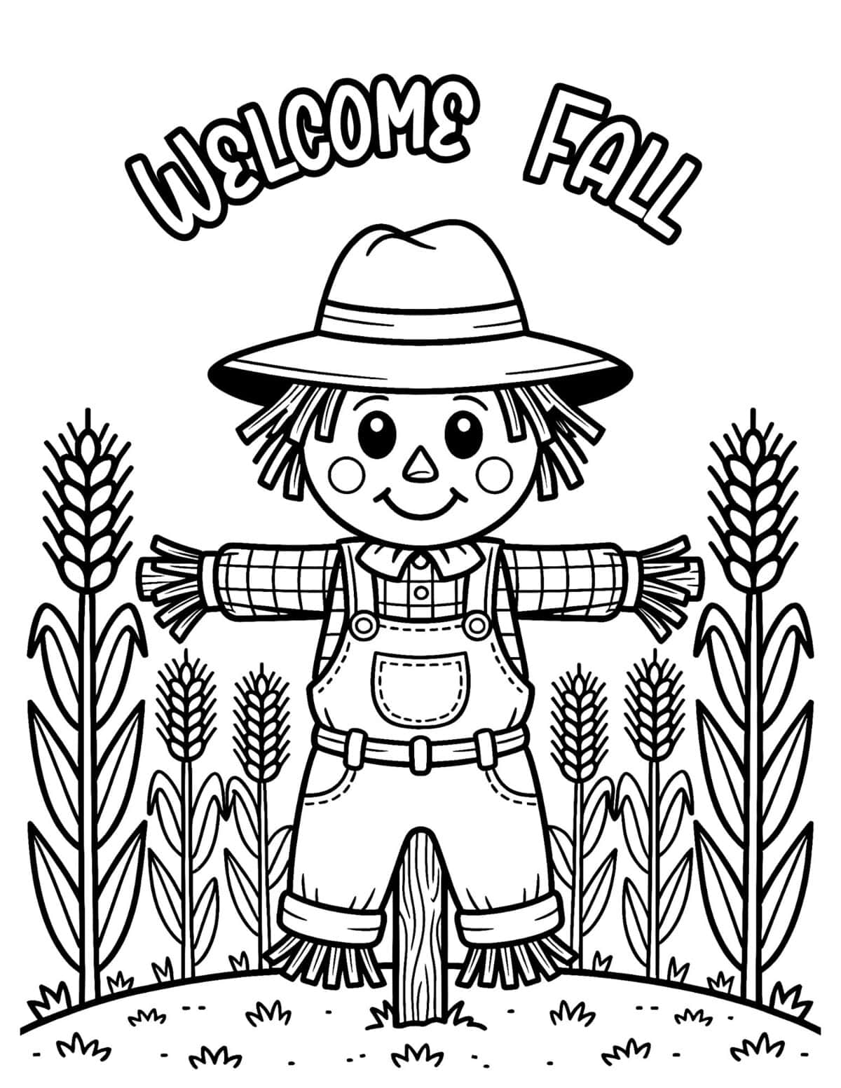 Scarecrow coloring page with a smiling scarecrow in overalls standing in a cornfield.