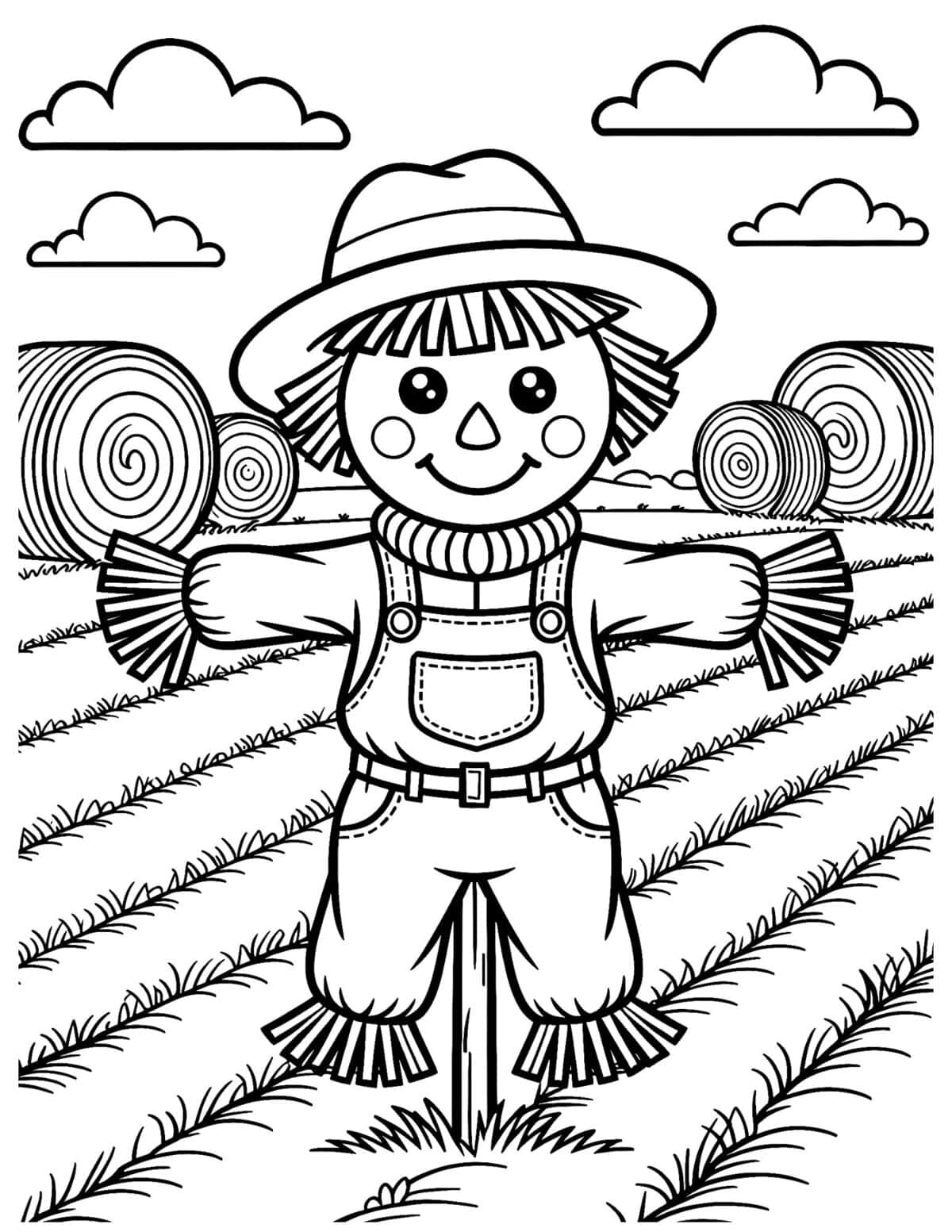Farm coloring page with a smiling scarecrow standing in a field with hay bales and clouds.