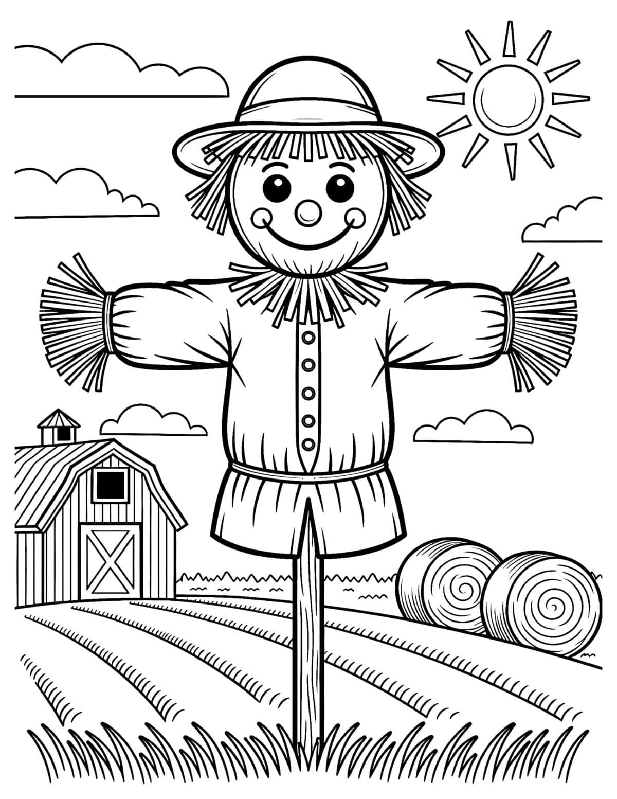 Barn coloring page with a scarecrow, barn, hay bales, sun, clouds, and crop rows.
