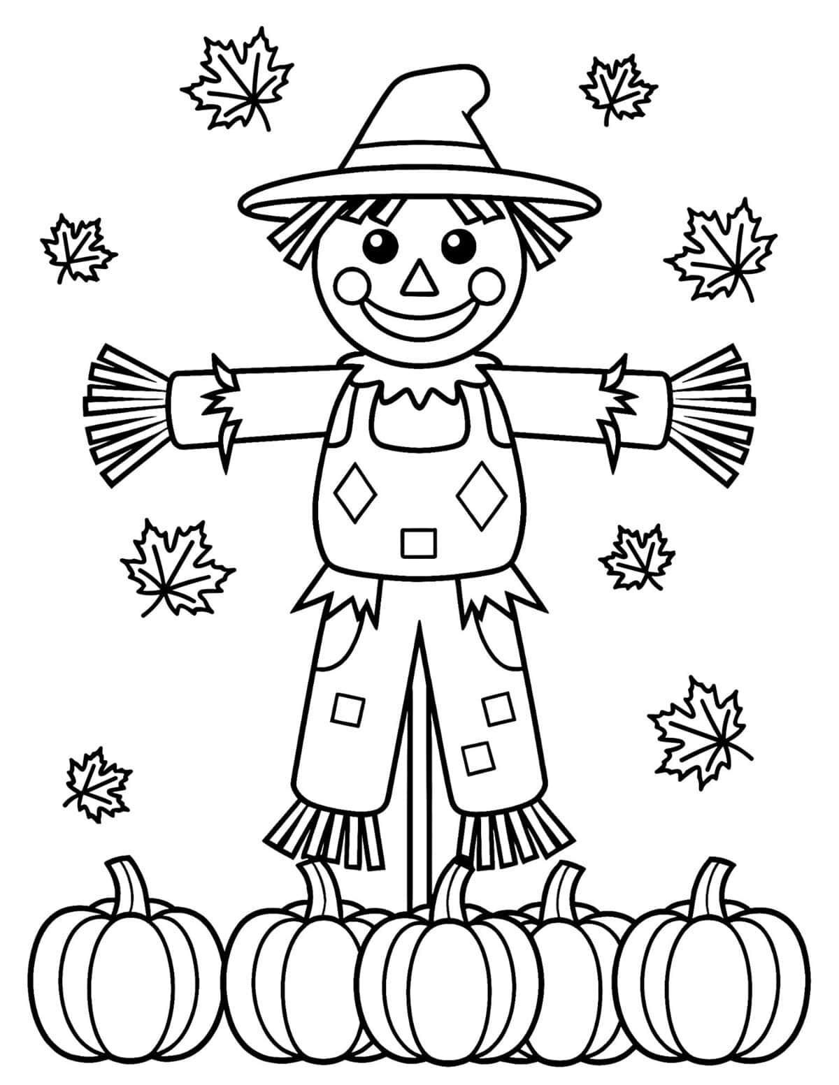 Simple scarecrow coloring page with pumpkins, maple leaves