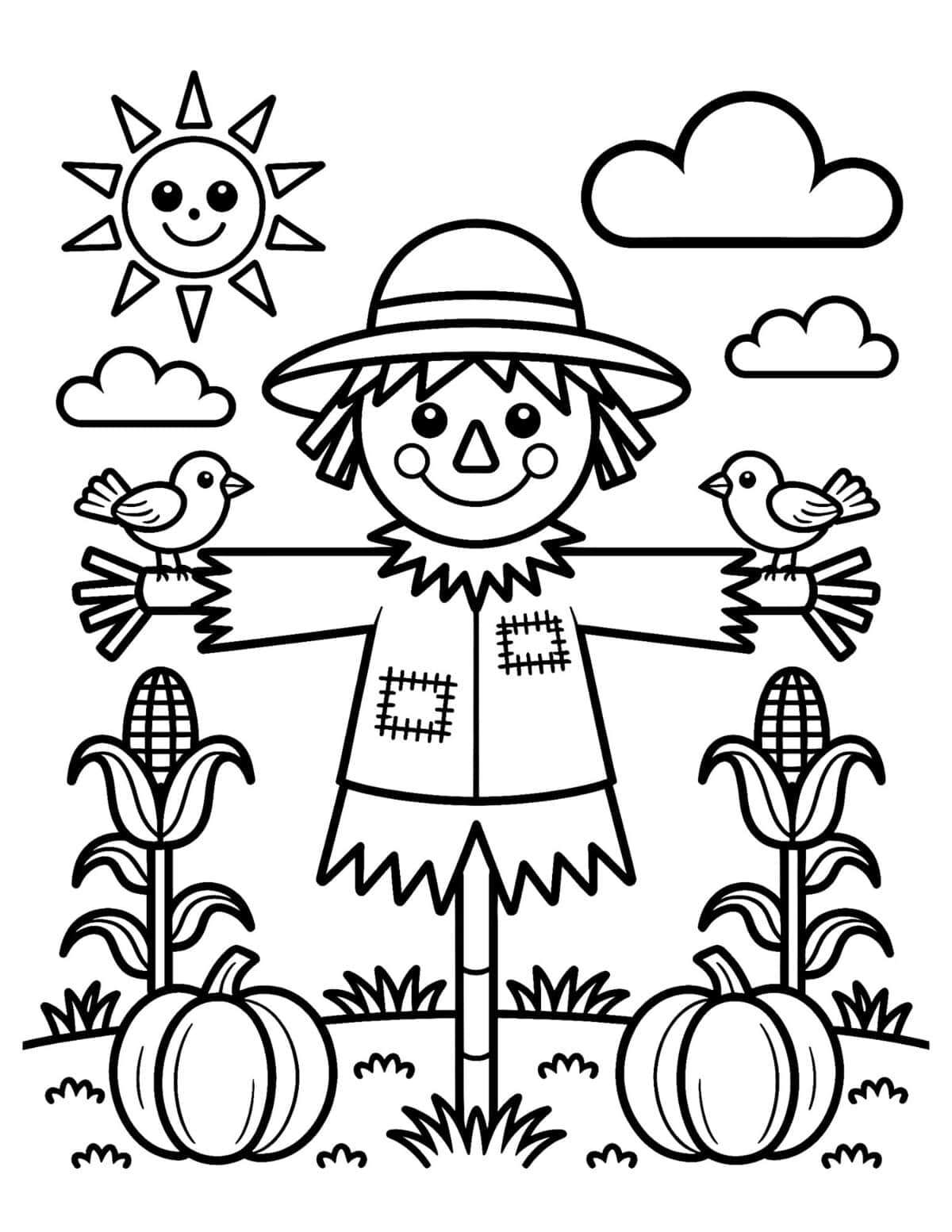 Easy scarecrow coloring page for kids with birds, pumpkins, corn stalks, clouds, and a happy sun.