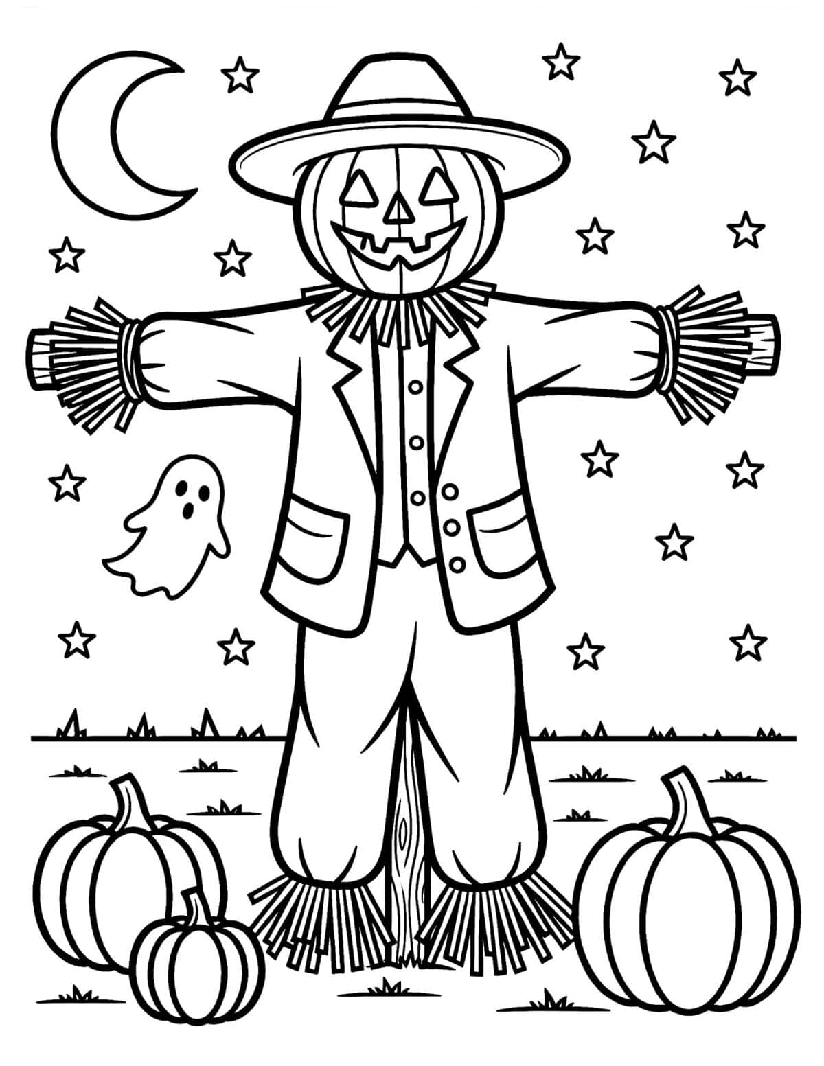 Halloween coloring page with a jack-o’-lantern, moon, stars, pumpkins, and a ghost.