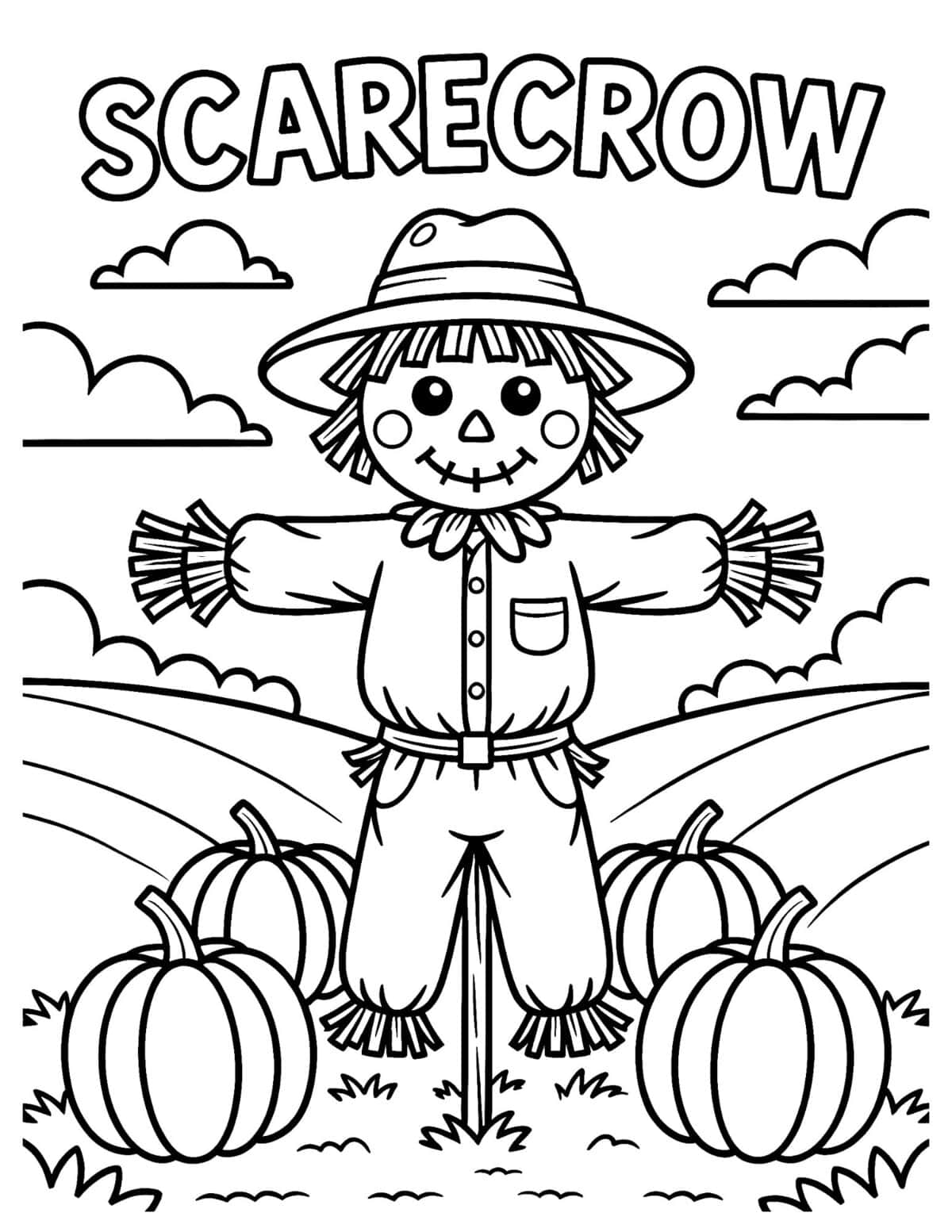 Scarecrow coloring page with pumpkins, rolling fields, clouds