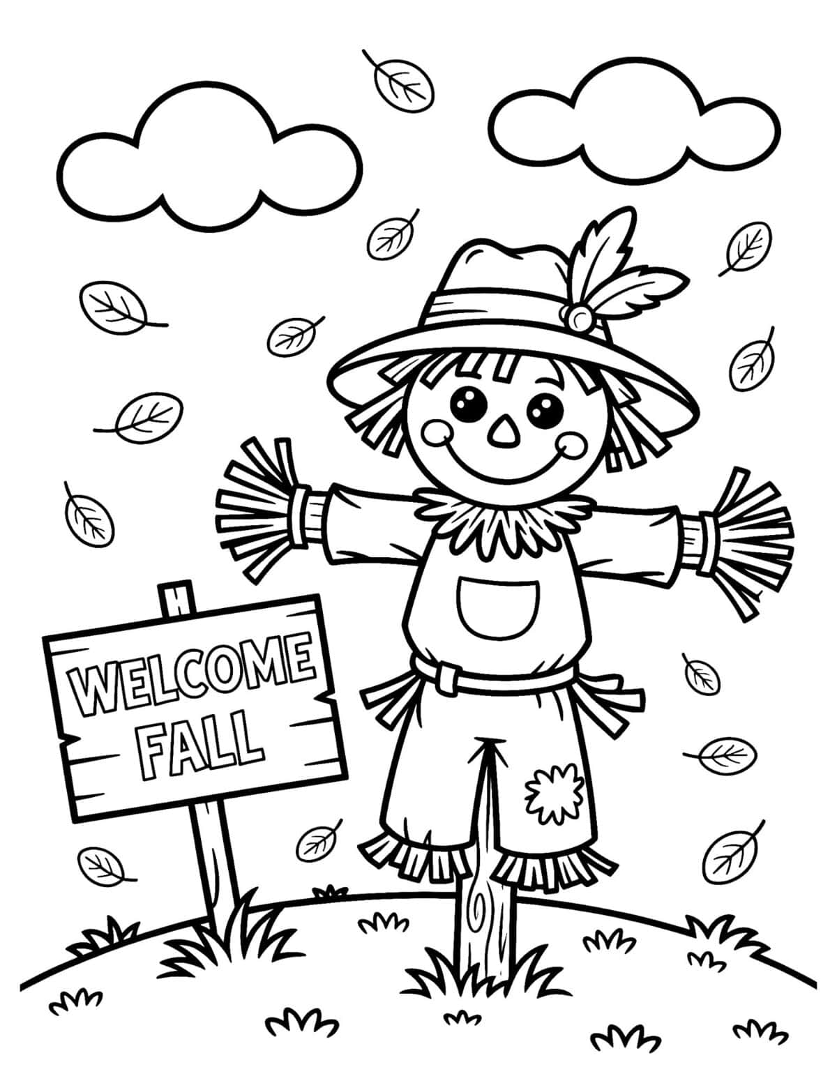 Welcome Fall coloring page with wooden sign, falling leaves, and clouds.