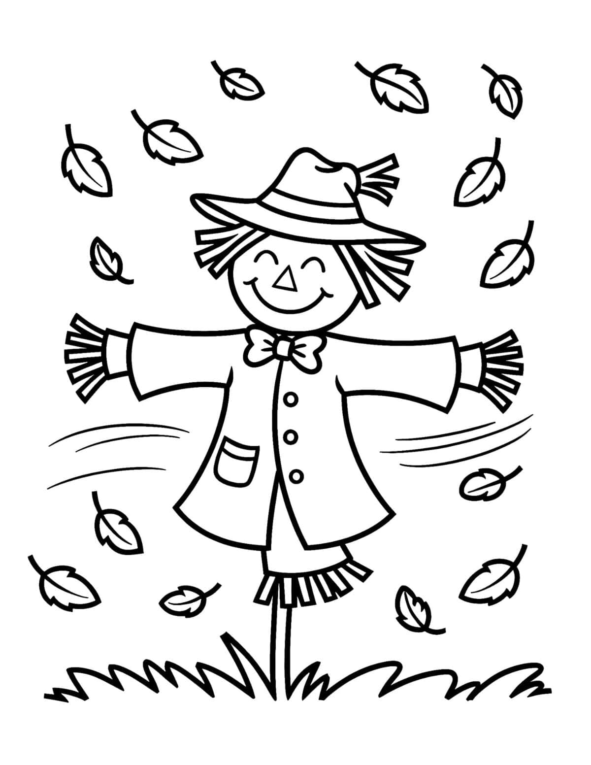 scarecrow among swirling autumn leaves.