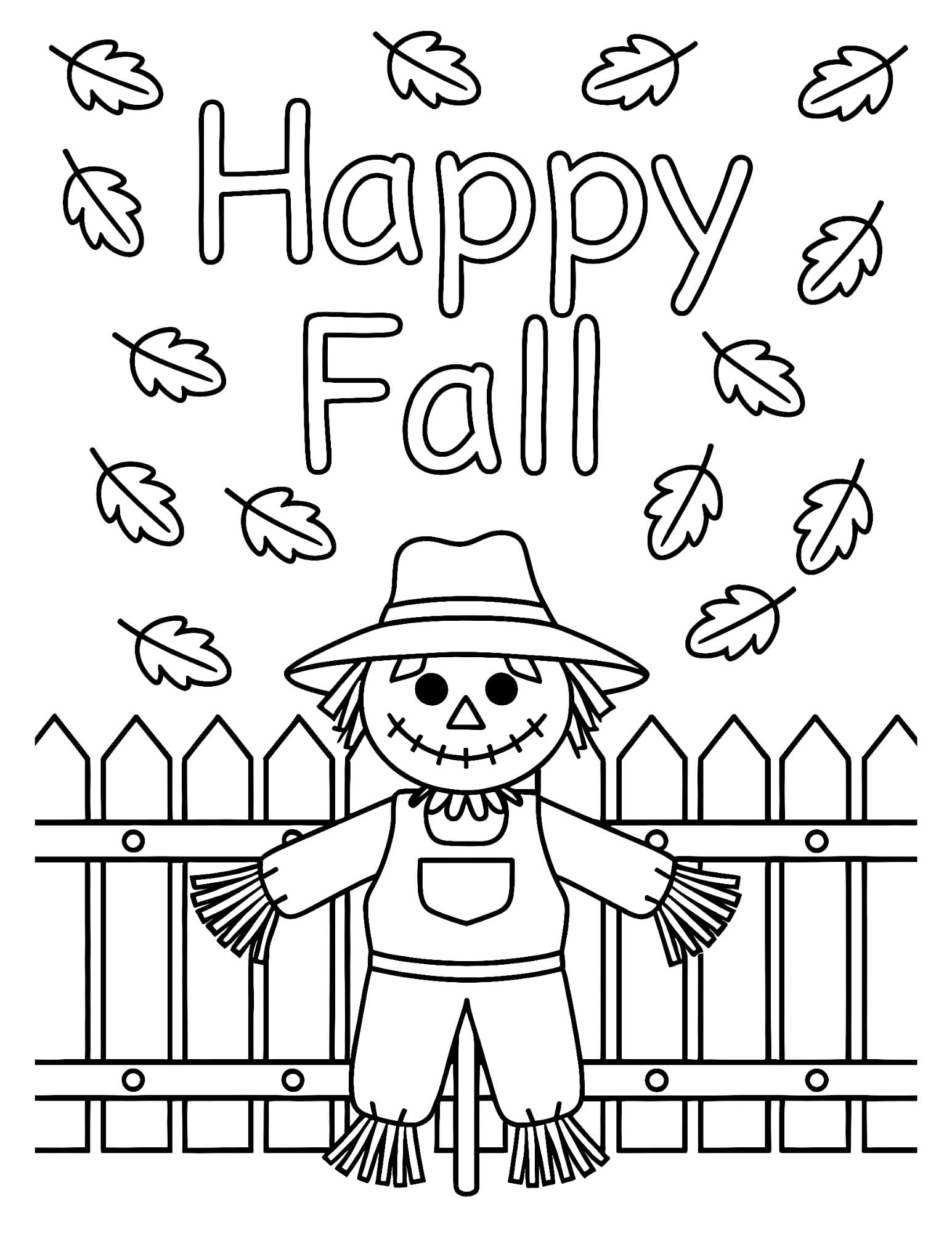 Happy Fall scarecrow coloring page with a scarecrow standing in front of a fence and falling leaves.