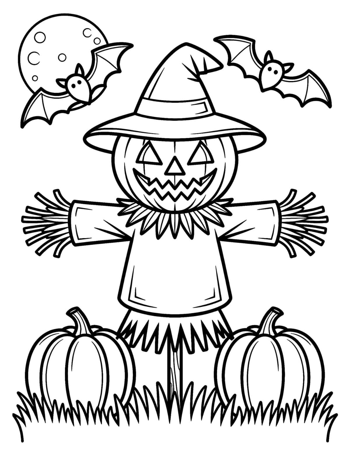 Halloween pumpkin coloring page with bats, moon, witch hat, and pumpkins.