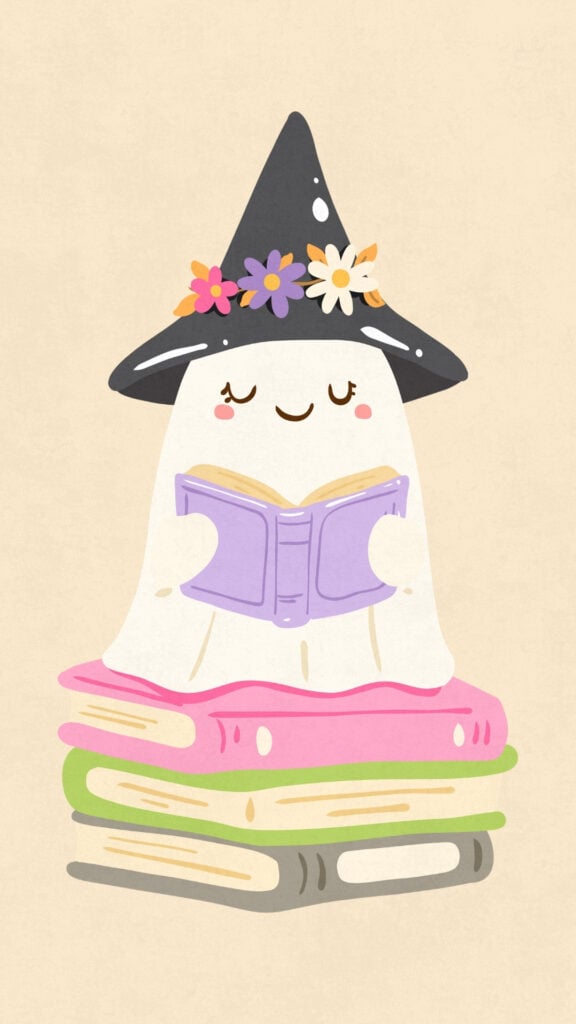Bookish Witch Ghost Reading Wallpaper